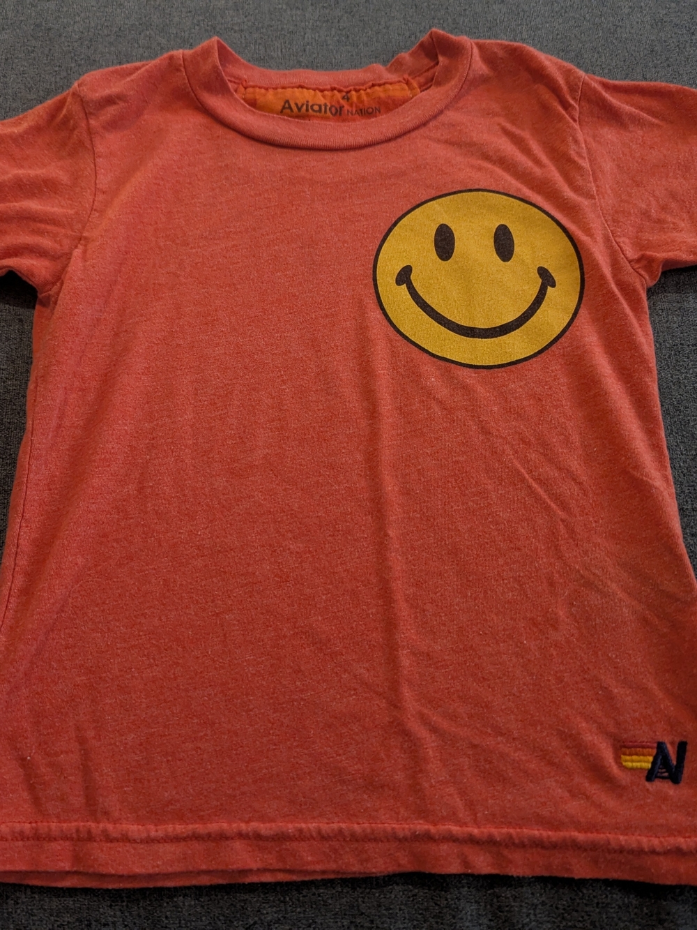 Aviator Nation Kids Orange Red Tee with Yellow Smiley Pocket Graphic